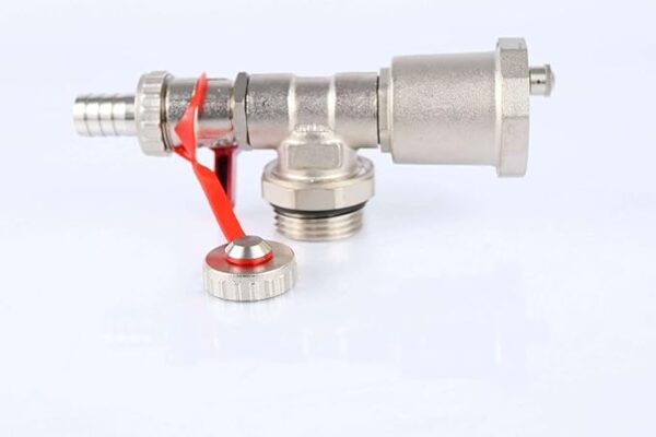Two pressure gauges and a valve on a white surface. Manifold drain valves with auto air vent for Water Underfloor Heating system.