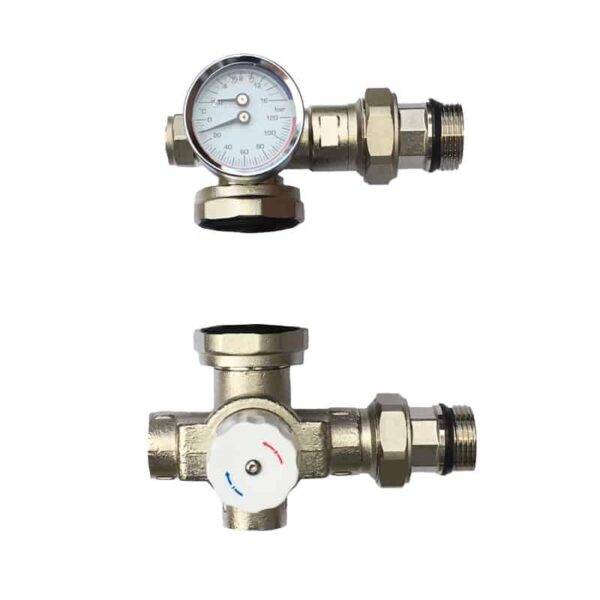 Two different types of valves and gauges, including a blending valve.