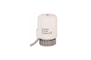 White thermostat connected to wire, 230v actuator valve for water underfloor heating manifold to control flow in each port separate