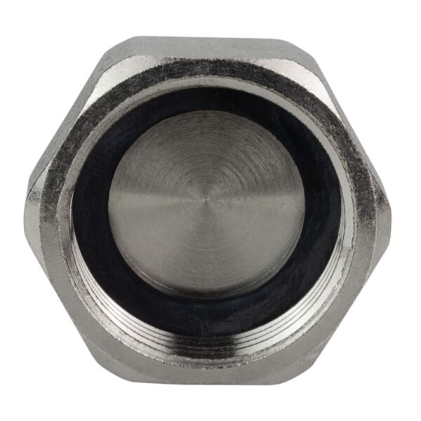 A metal hexagon-shaped blanking nut with black rubber seal
