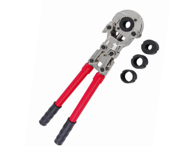 Red and black pipe press fitting tool with two red handles, ideal for crimping press fittings