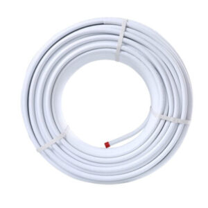 A roll of underfloor heating pipe, a white hose with a red end, on a white background.