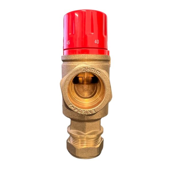 A brass mixing valve with a red knob on top, used for controlling water flow. 28mm Compression Mixing Valve.