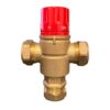 A brass mixing valve with a red knob on top, used for controlling water flow. 28mm Compression Mixing Valve.