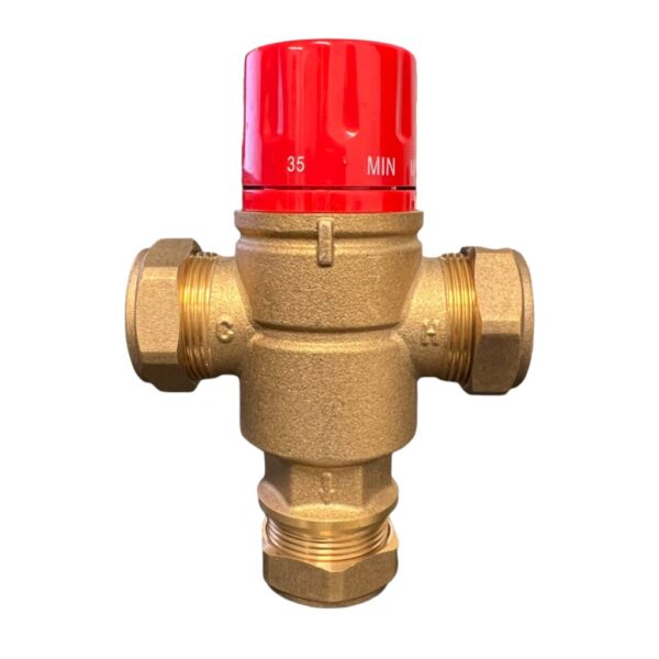 A brass mixing valve with a red knob on top, used for controlling water flow. 28mm Compression Mixing Valve.