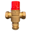 A brass mixing valve with a red knob on top, used for controlling water flow. 28mm Compression Mixing Valve.