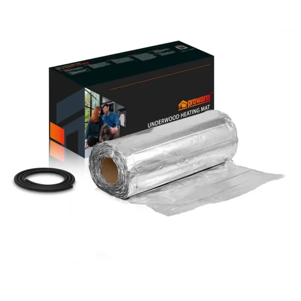 A roll of aluminum foil and a box of packaging, including an electric heating foil mat.