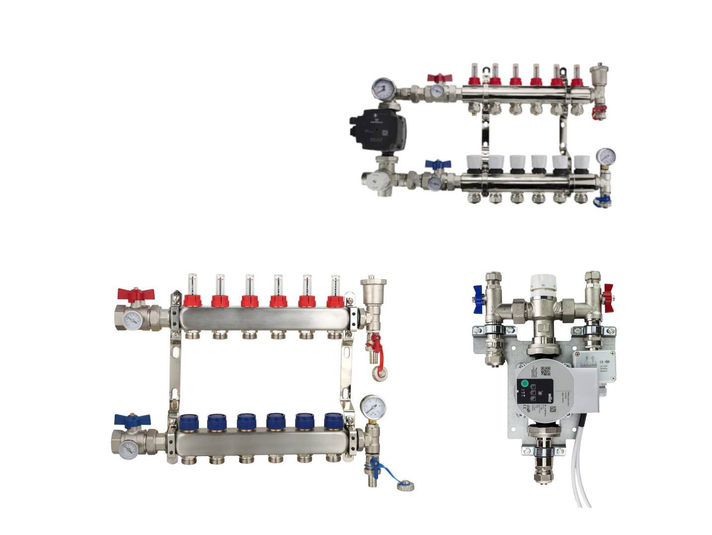 Underfloor heating manifold with pump set, flow meters, pressure gauges and blending valve for water underfloor heating systems
