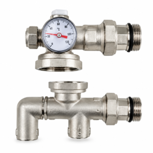 Non-mixing underfloor heating valve assembly with temperature gauge for air source heat pump (ASHP) systems