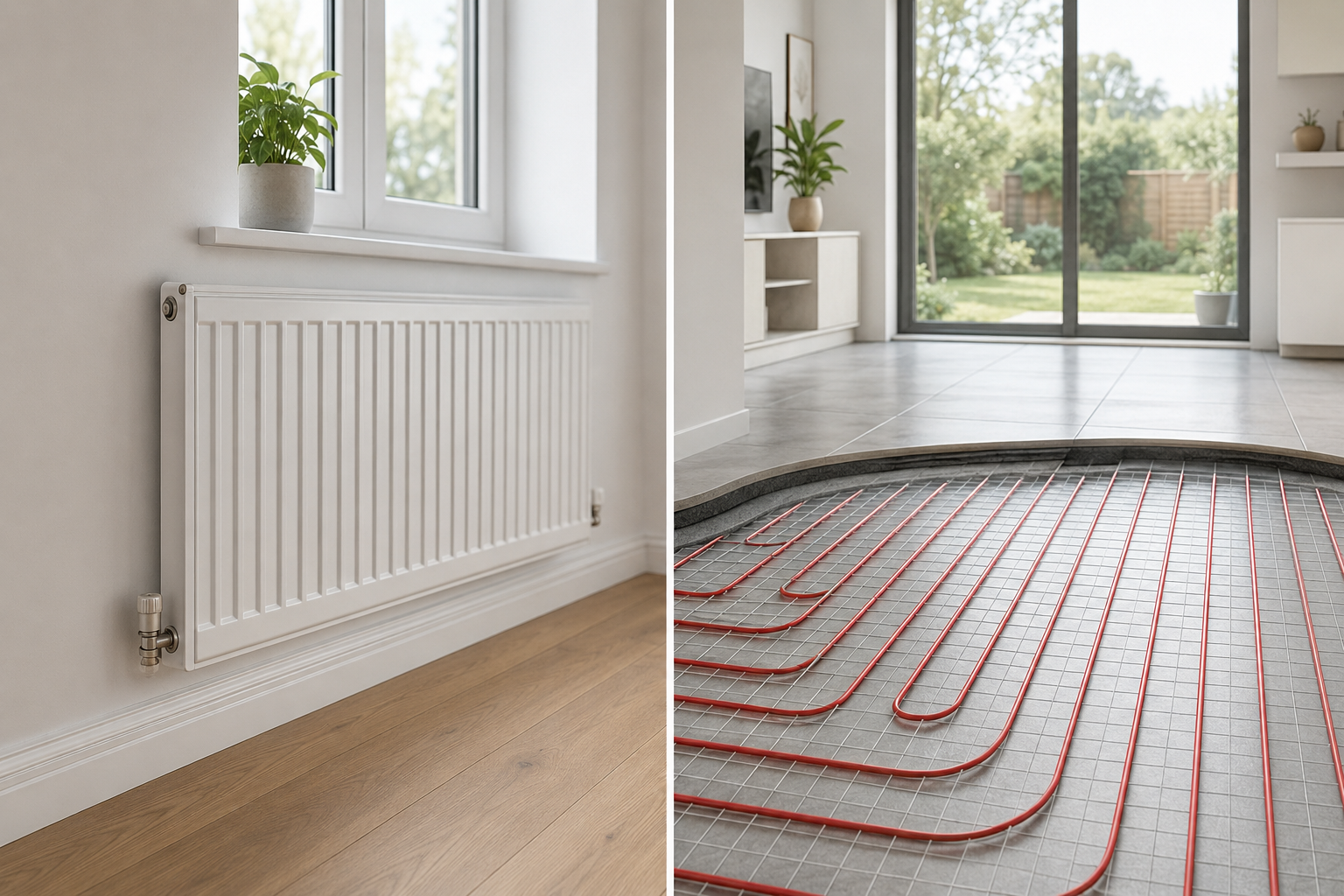 Split image comparing a traditional wall-mounted radiator with a modern water underfloor heating system installed beneath a tiled floor in a contemporary home.