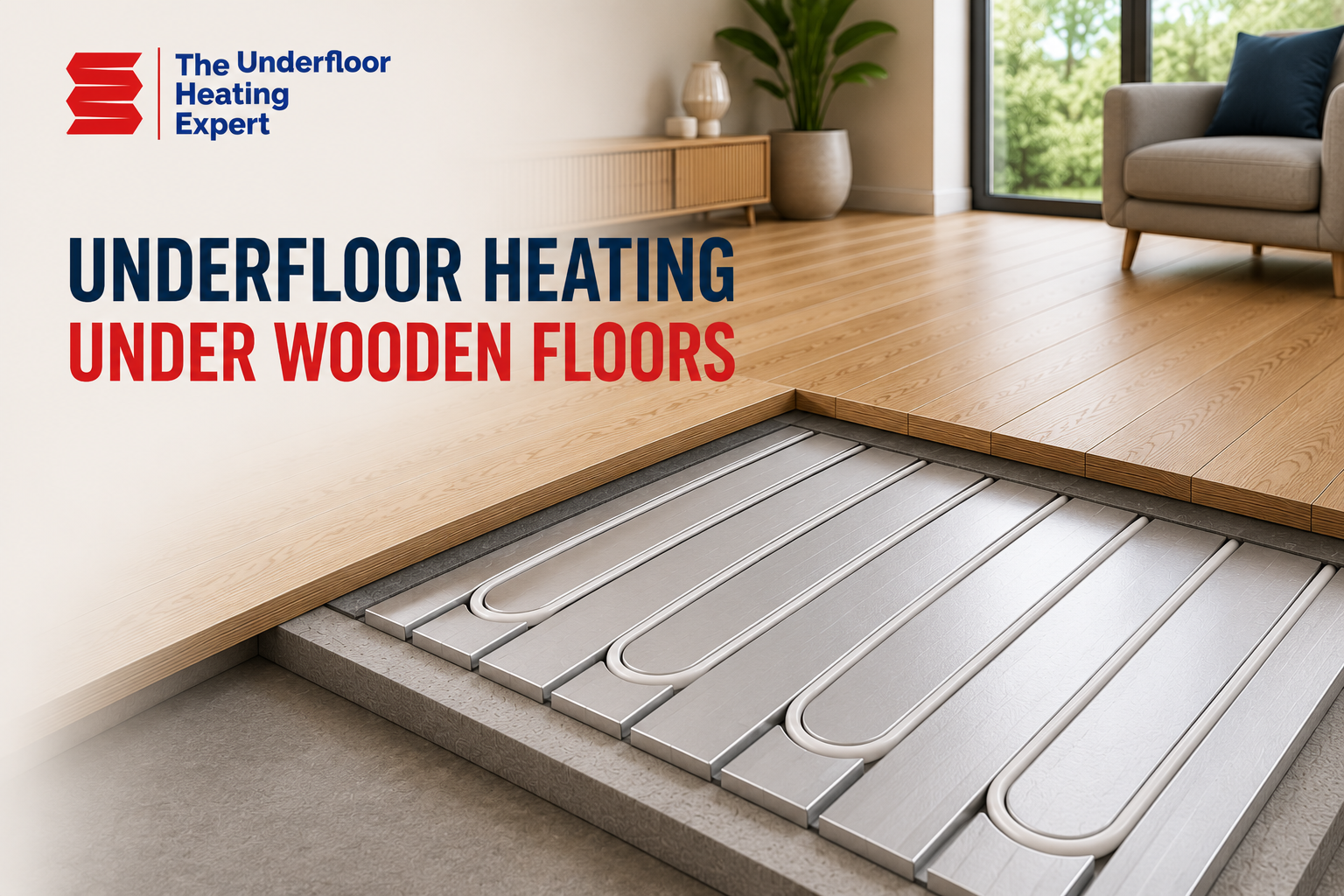 Underfloor heating under wooden floor using low-profile EPS aluminium heat distribution panels with 16mm pipework in routed channels.