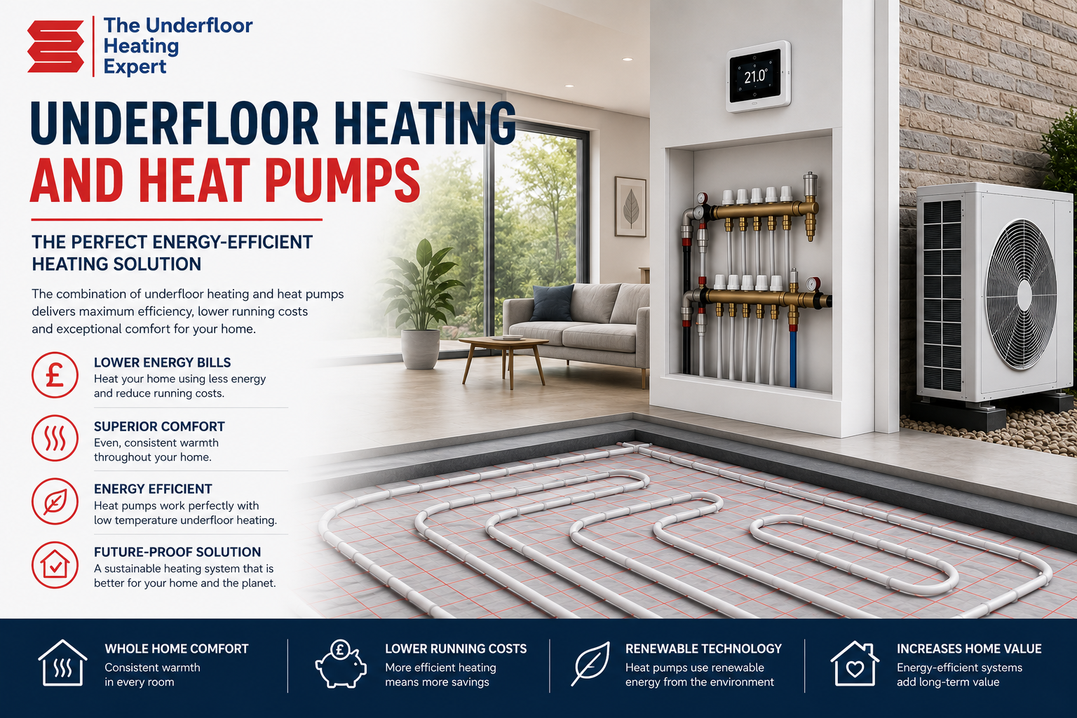 Underfloor heating and heat pump system installed in a modern home, showing UFH pipework, manifold, thermostat and air source heat pump for energy-efficient heating