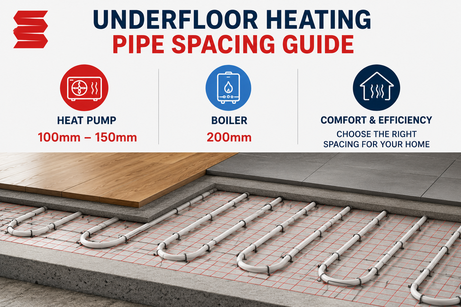 Underfloor heating pipe spacing guide showing recommended 100mm–150mm pipe centres for heat pump systems and 200mm pipe centres for boiler-fed underfloor heating installations.