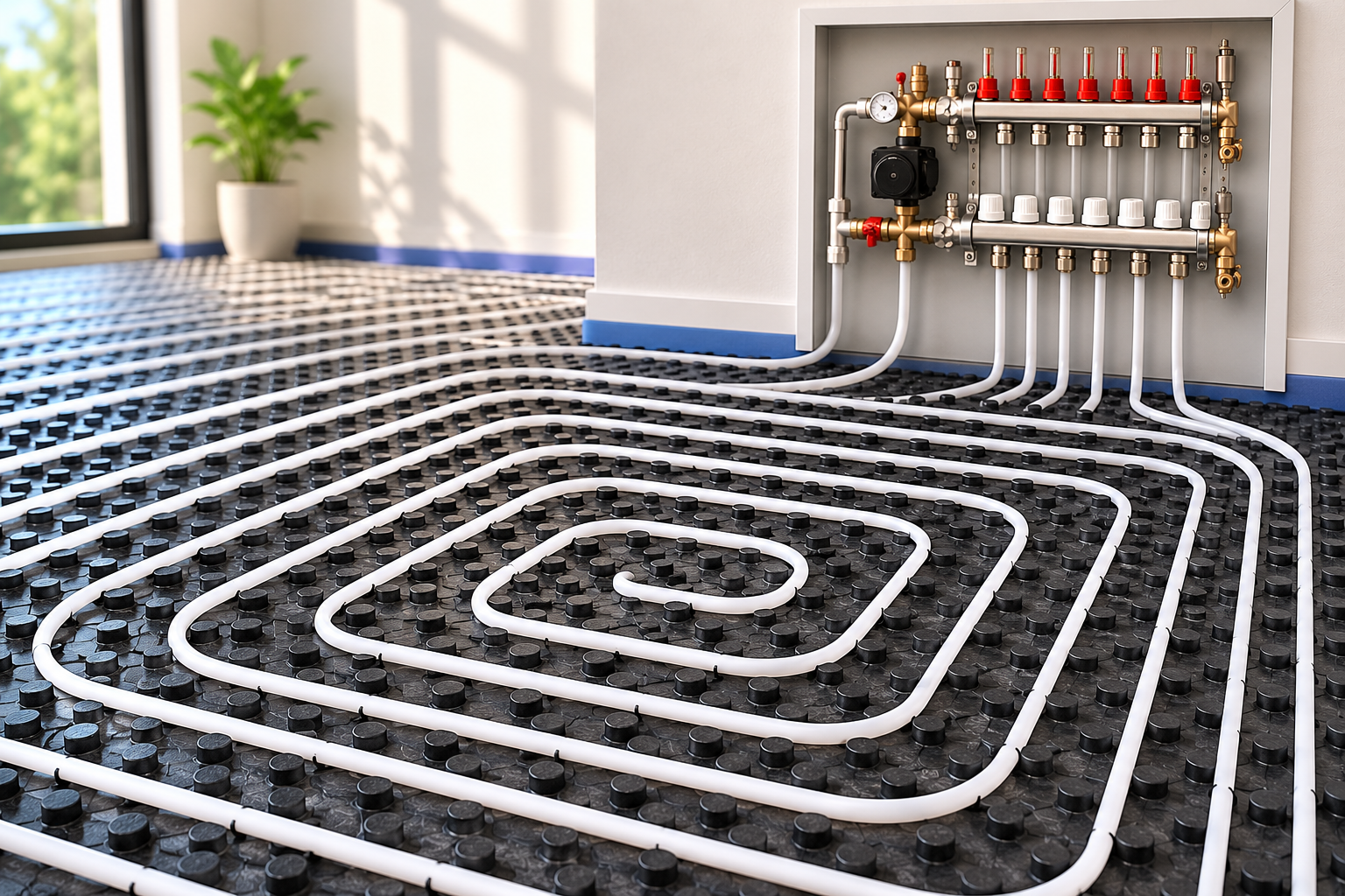 12mm underfloor heating pipe loops connected to a water UFH manifold