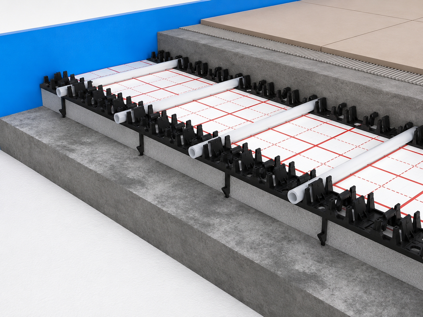 Underfloor heating clip rail system installed on insulation boards with 16mm heating pipes ready for screed and tiled floor finish.
