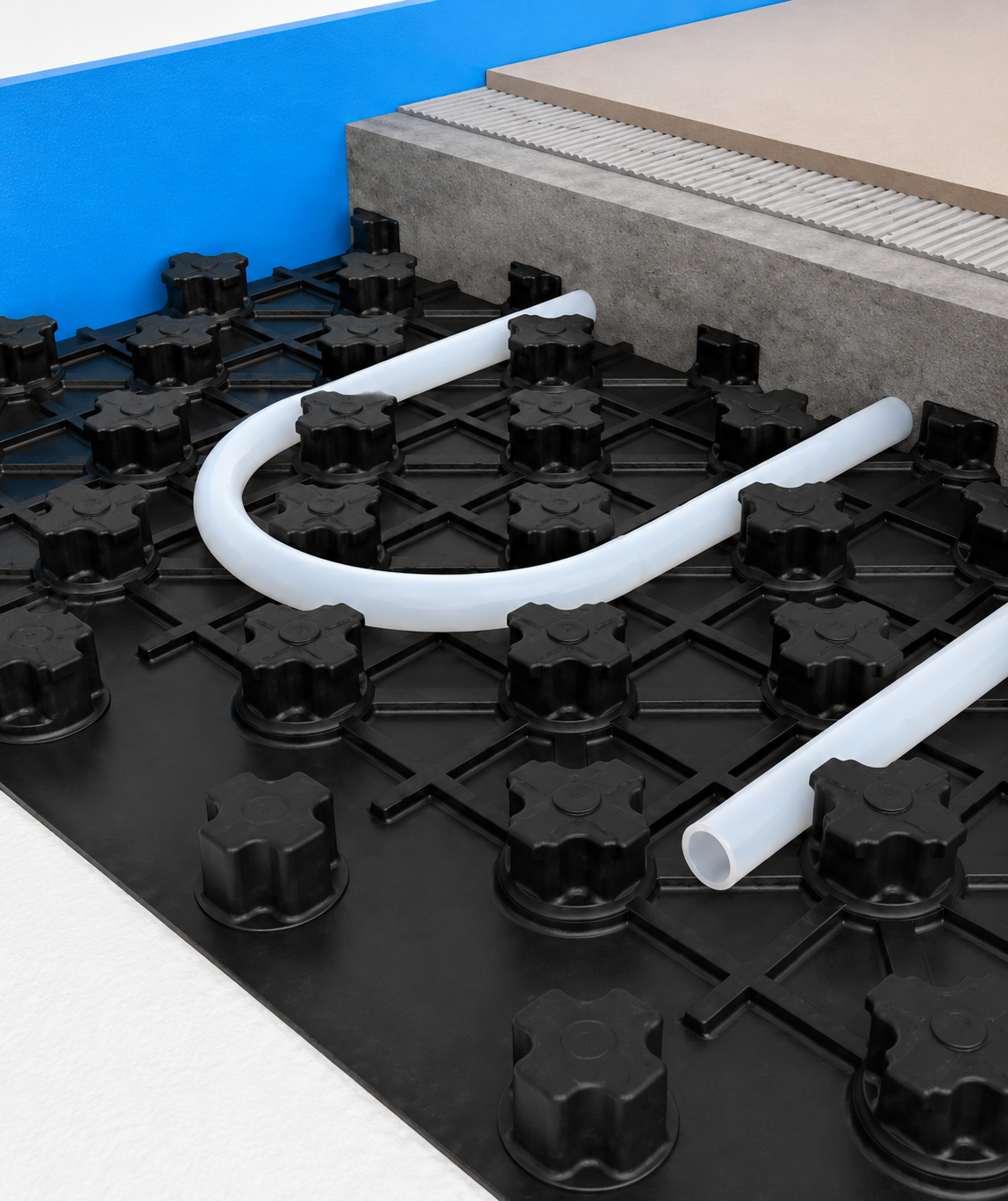 Black egg crate panel for water underfloor heating with integrated pipe fixing studs suitable for 16mm heating pipe