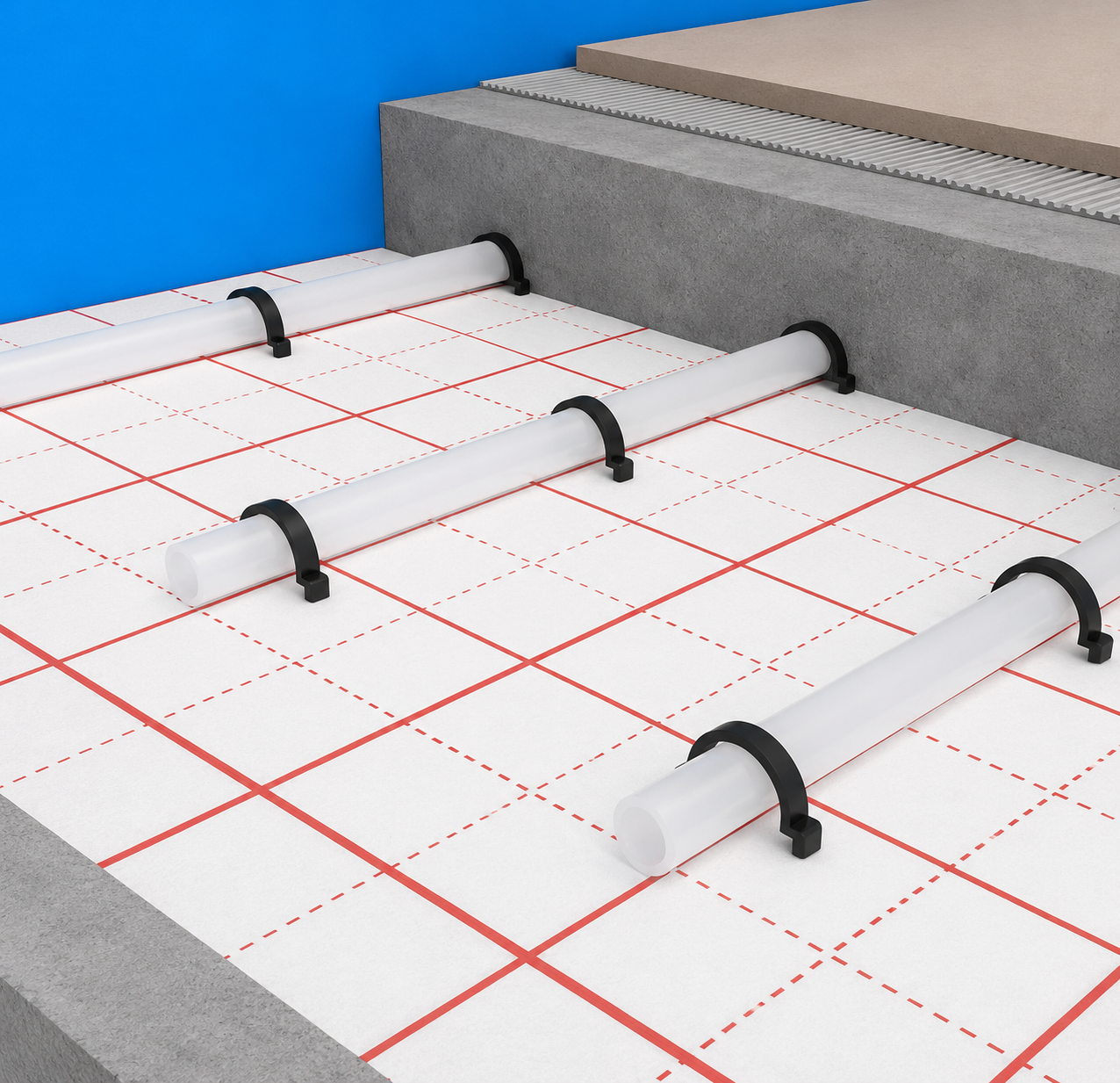 Underfloor heating aluminium thermal insulation foil with printed grid and 16mm heating pipes secured using pipe clips before screed installation.