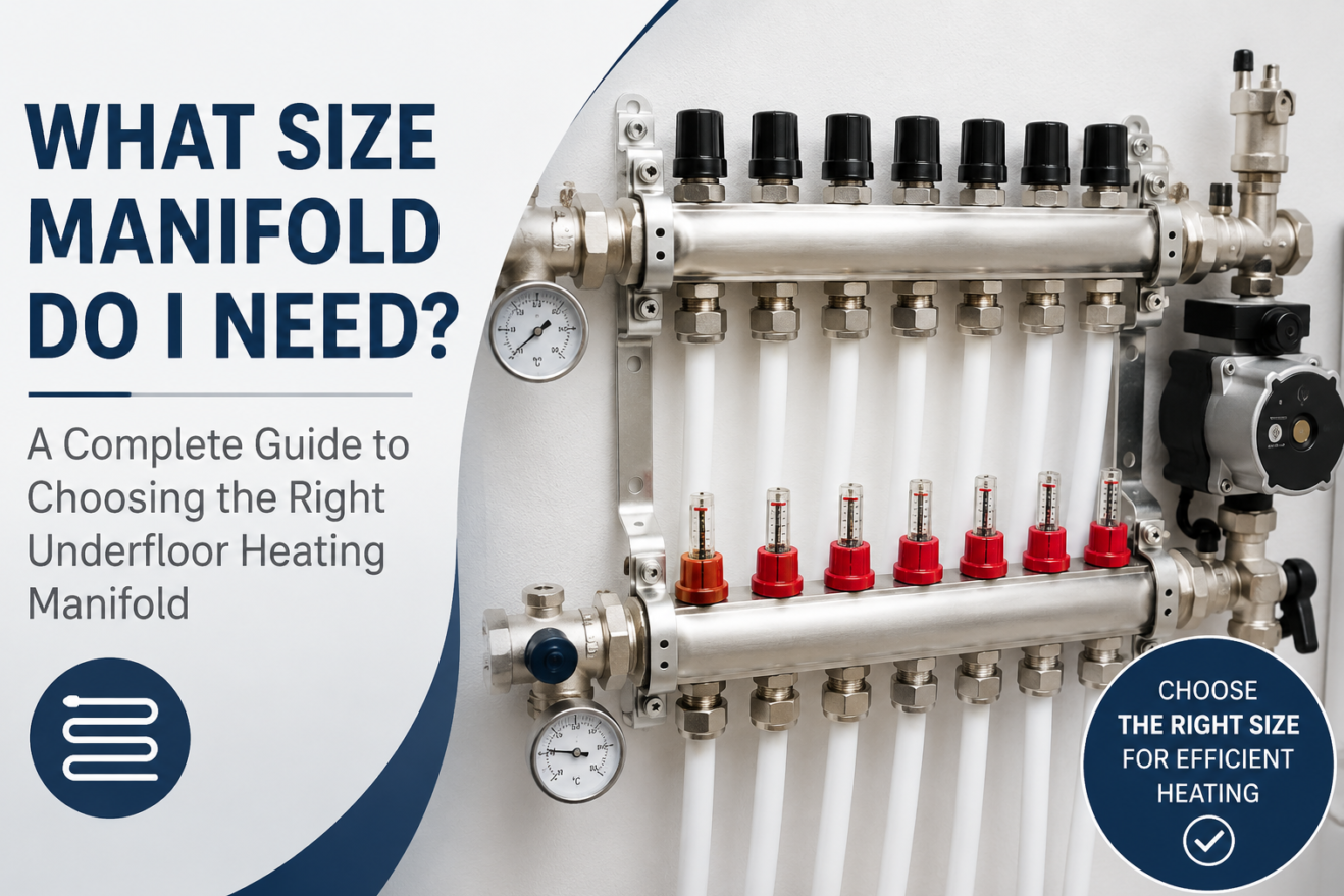 Stainless steel underfloor heating manifold with pump and flow meters illustrating how to choose the correct manifold size for a water underfloor heating system
