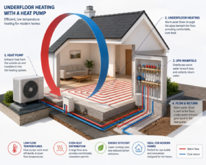 Underfloor heating with a heat pump showing UFH manifold, pipe loops and flow and return