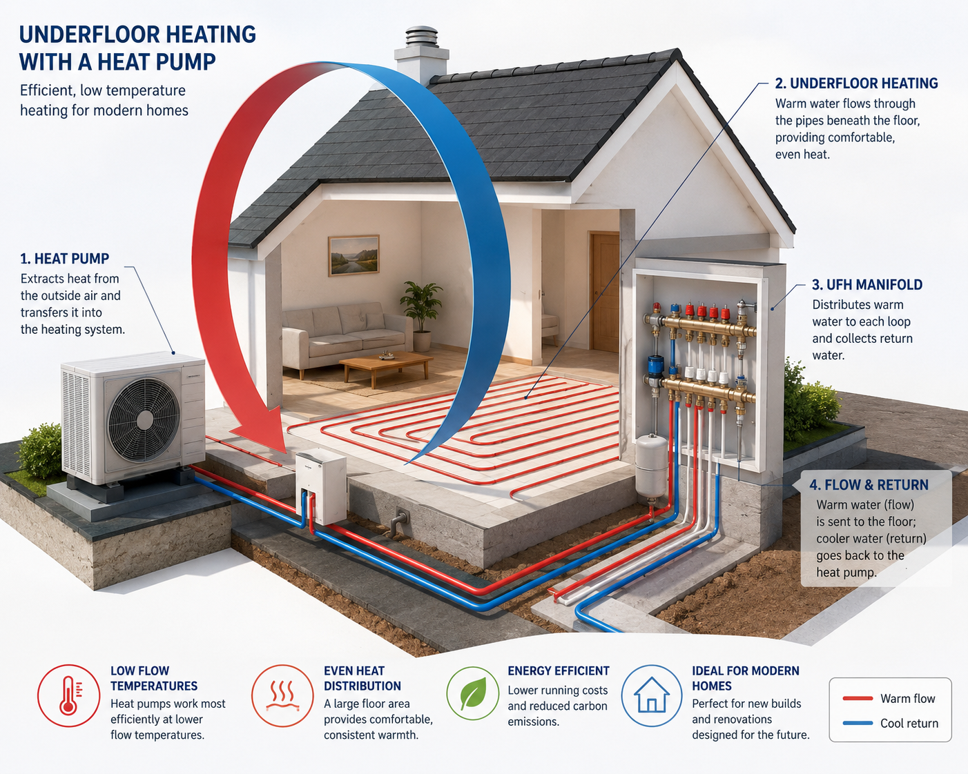 Underfloor heating with a heat pump showing UFH manifold, pipe loops and flow and return
