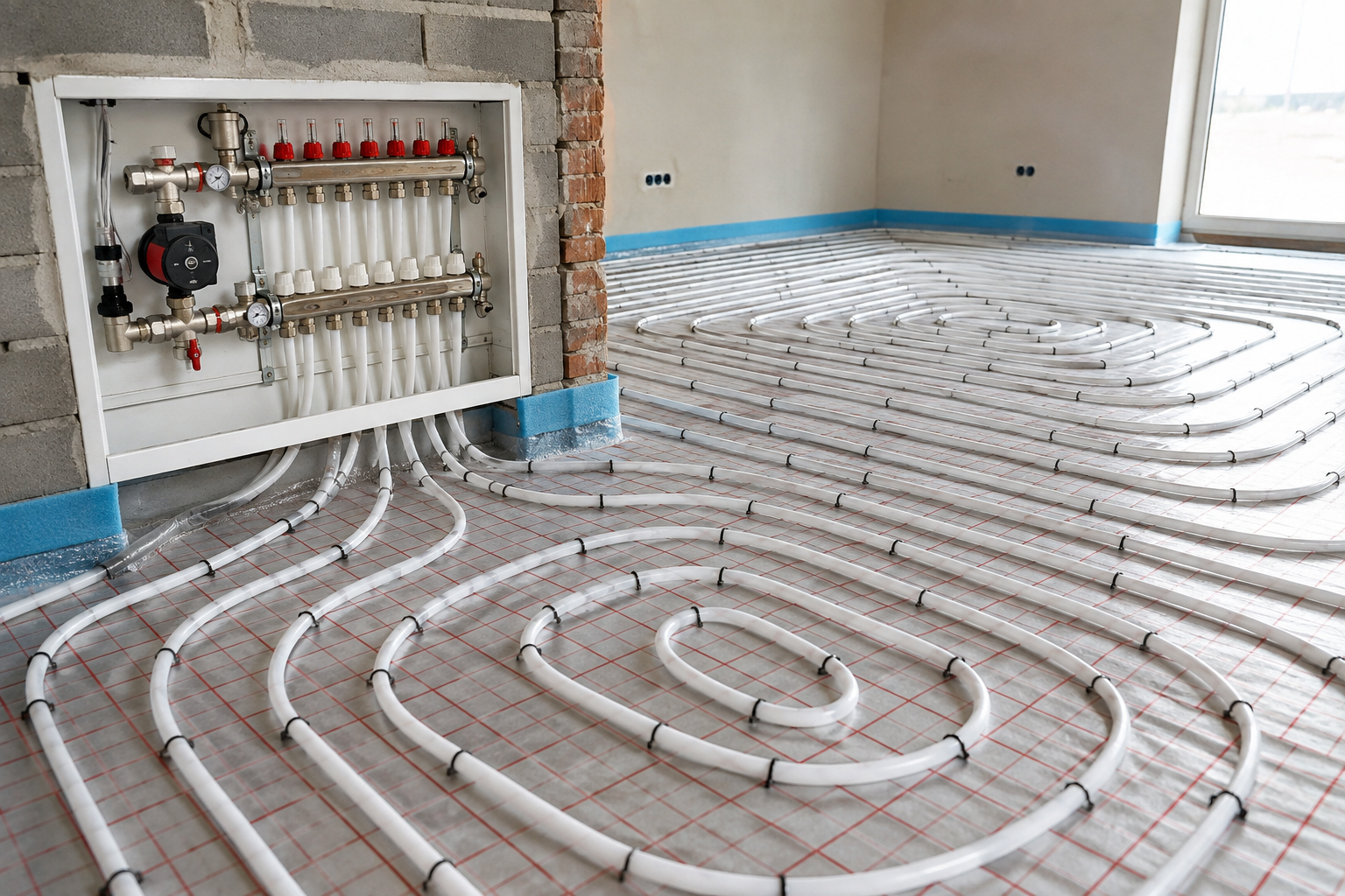 Water underfloor heating system with UFH pipes and manifold