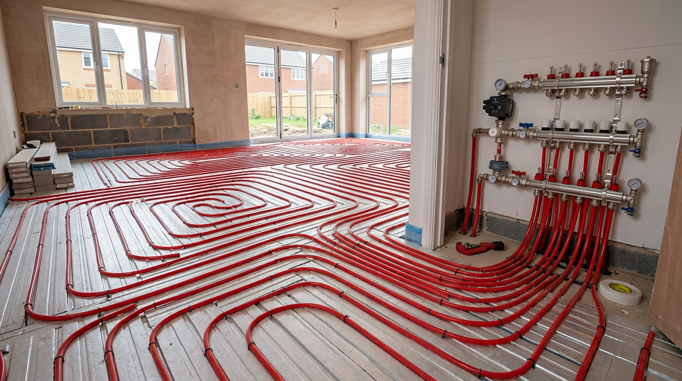 16mm underfloor heating pipe installation with UFH manifolds and multiple heating loops